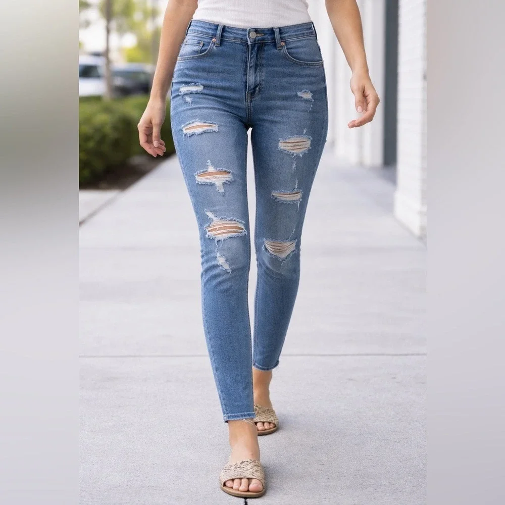H&M Curvy‎ Jeggings Ultra High Waist Ankle Length Ripped Blue Jeans Women US 12